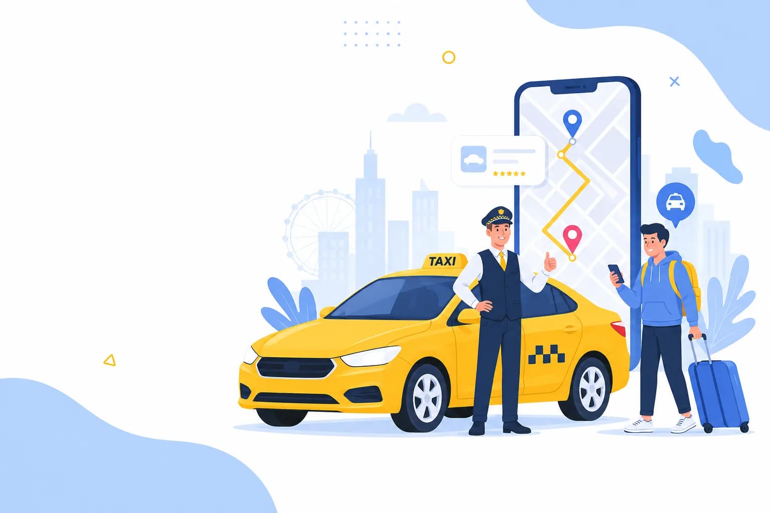 Illustratie van LTS Taxi in Leiden met chauffeur en reiziger